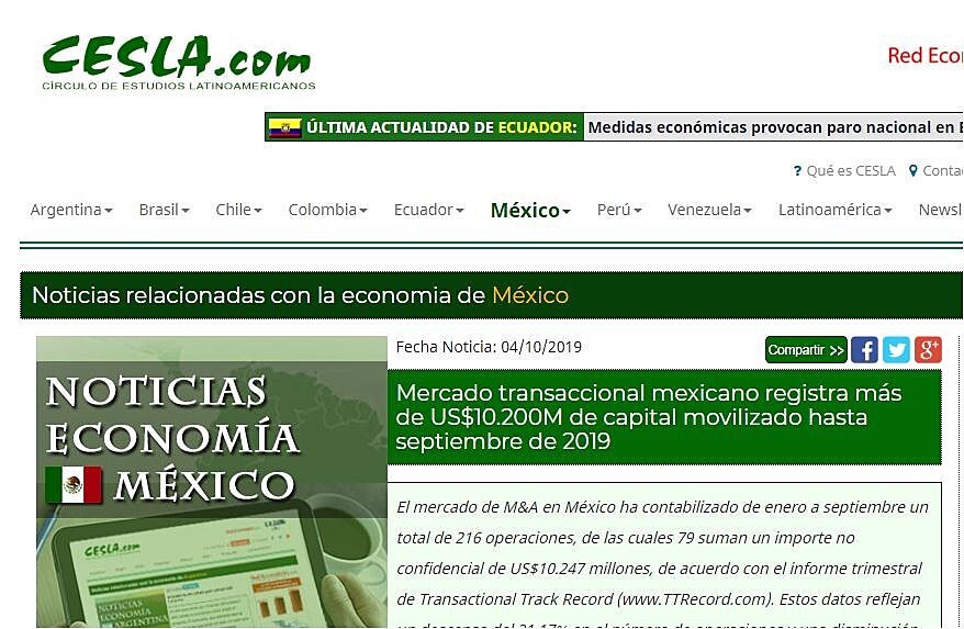 Mercado transaccional mexicano registra ms de US$10.200M de capital movilizado hasta septiembre de 2019